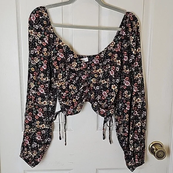 Elodie Floral Black Yellow Pink Elasticized Off Shoulder Rucshed Side Tie Top S - Picture 9 of 13